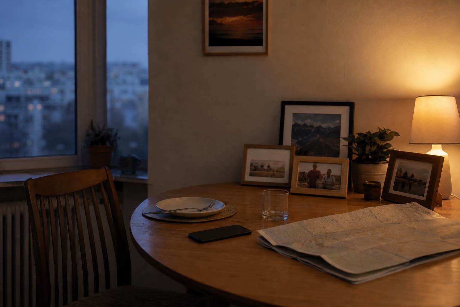 An empty place at a table surrounded by family photographs and a folded map