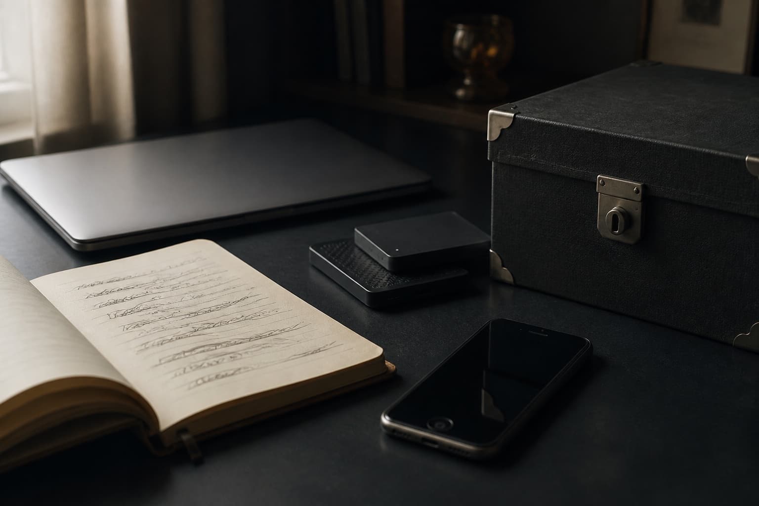 Old personal devices, drives, a notebook, and a locked archive box on a desk