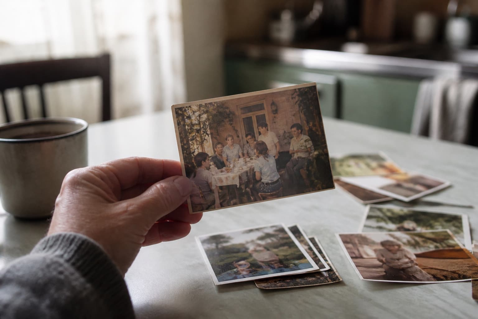A hand holding an old family photograph whose story has been forgotten