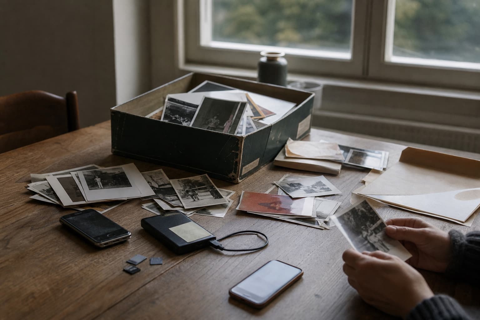 Family photographs and digital storage scattered across a dining table